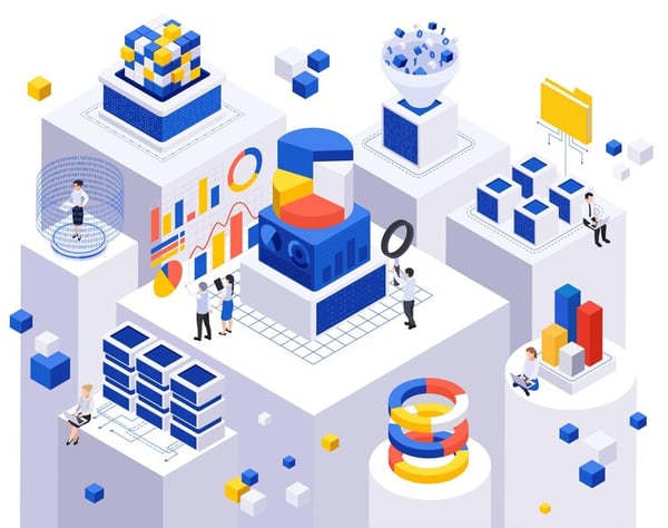 data-economy-isometric-composition-with-circular-graphs-bar-charts-flying-cubes-server-storage-human-characters-vector-illustration_1284-79923